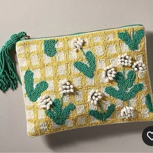 Anthropologie Beaded Clutch with Yellow and Green Floral Design